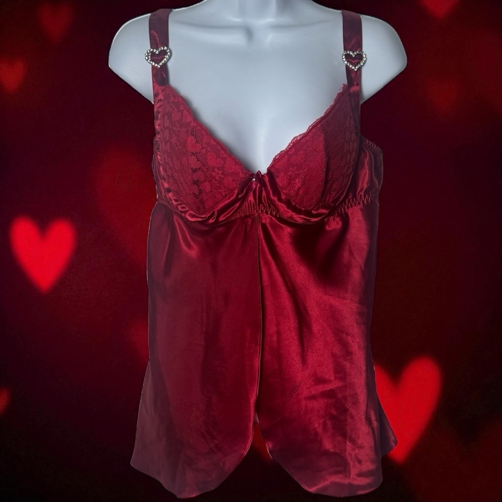 Frederick’s of Hollywood Wine Red‎ Heart Jeweled Embroidered Teddy Top XL